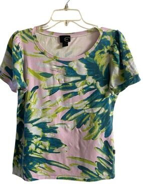 Roberto Cavalli Just Cavalli Pink Floral Brush Stroke Painted Short Sleeve Tee L